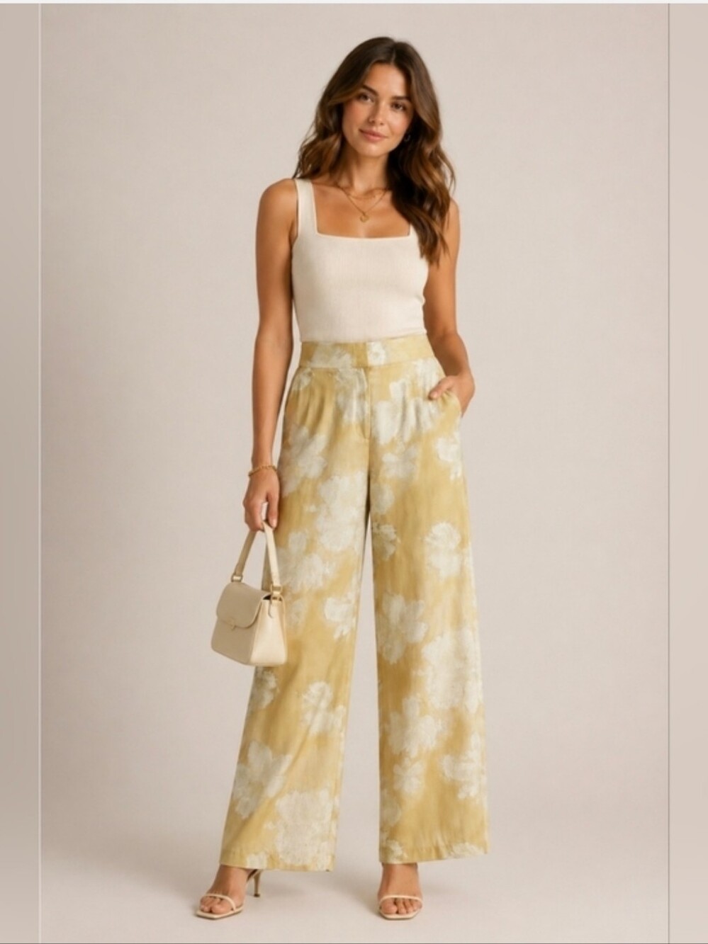 Commense Romance Floral Printed Wide Leg Gold & White Floral Pants